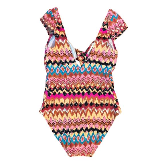 Boden Anthropologie Women’s Ikat Cap Sleeve Tie Cut Out One-Piece Swimsuit Small - Picture 2 of 9